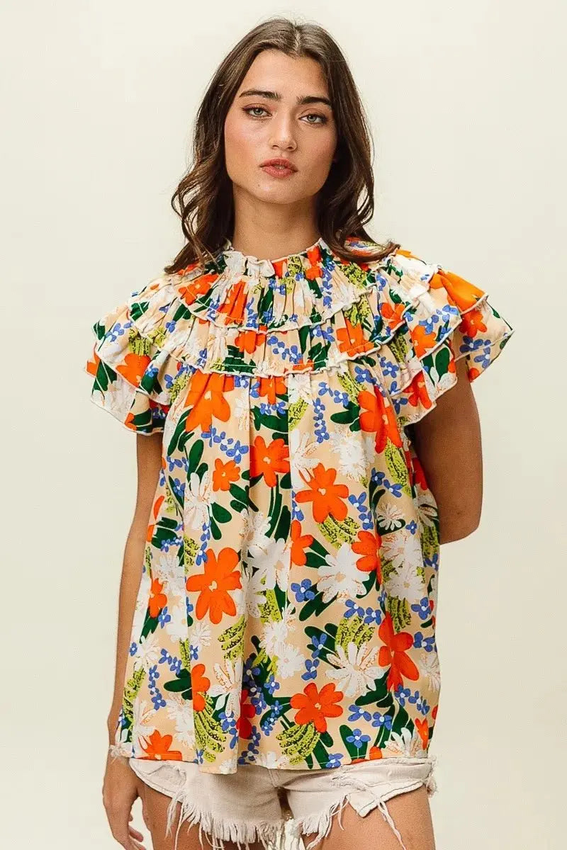 BiBi Multi Color Floral Print Woven Top for Women - Love Salve